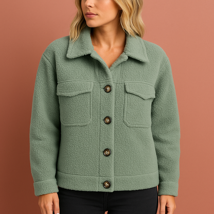 Dames teddy jas in groen met ritssluiting, warm en modieus voor herfst- en winterdagen.