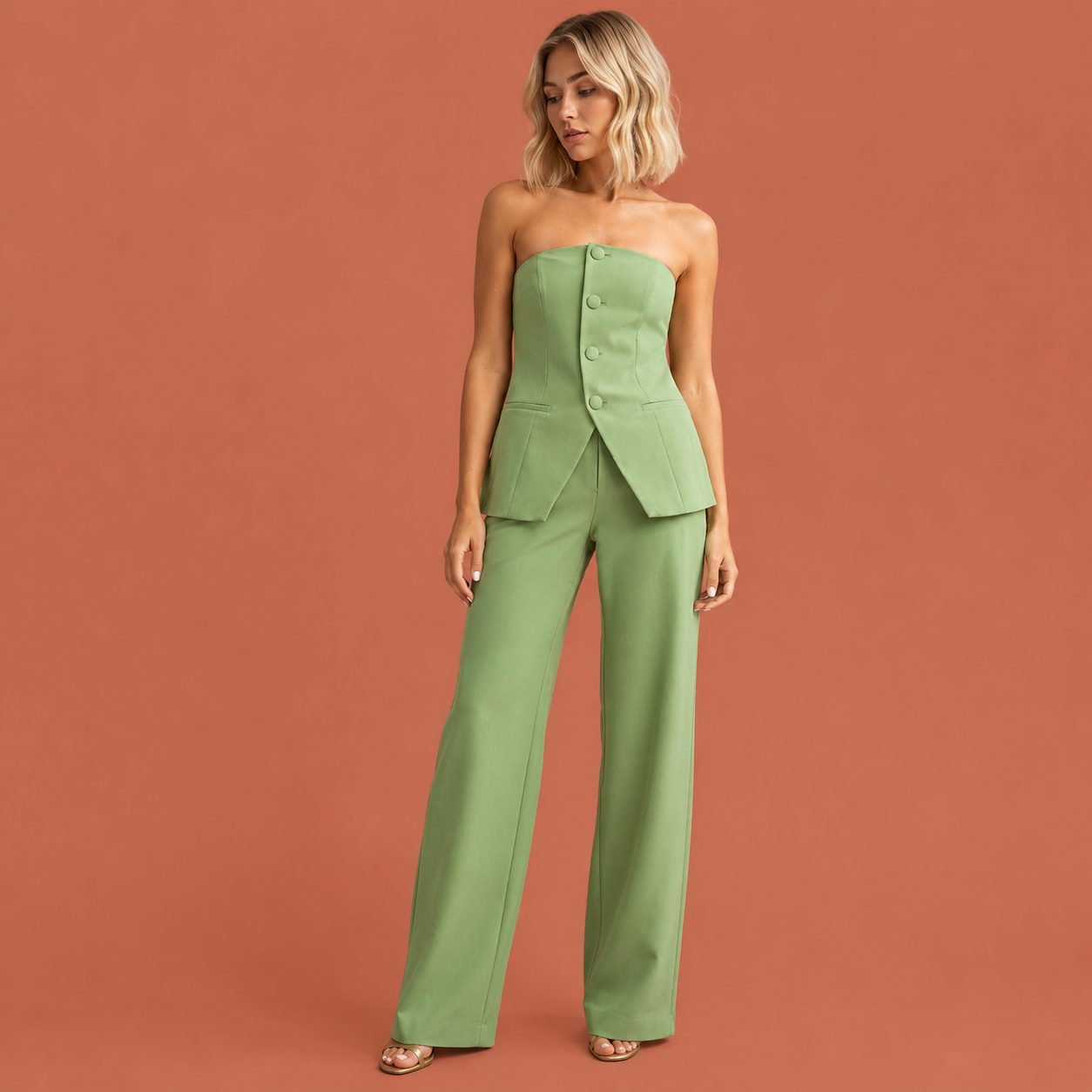 Dames tube top broek set in groen met minimalistisch design, zacht en comfortabel voor casual en stijlvolle outfits.