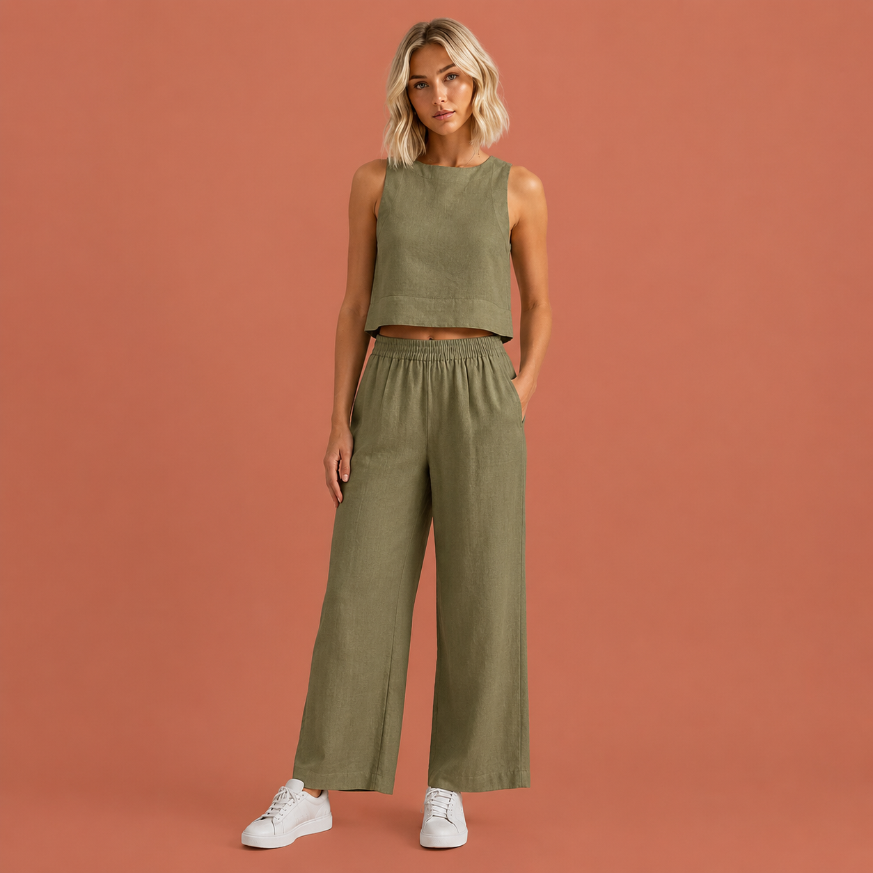 Dames tweedelige set in groen met minimalistisch design, zacht en comfortabel voor casual en stijlvolle outfits.