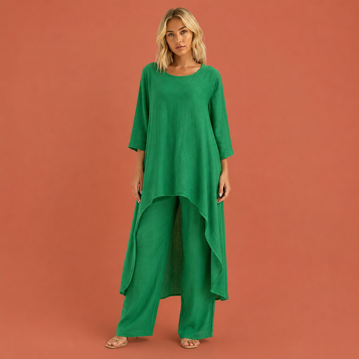 Dames vrijetijdsset in groen met minimalistisch design, zacht en comfortabel voor casual en stijlvolle outfits.