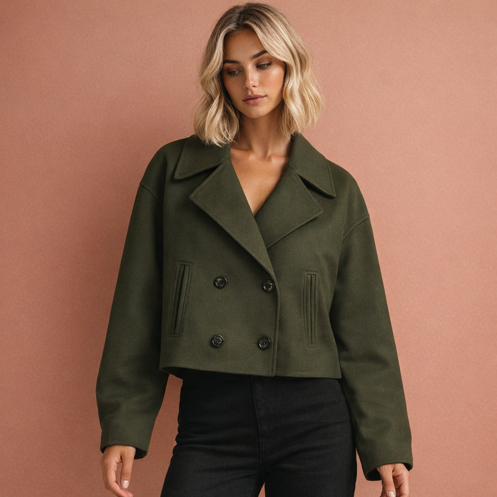 Groene elegante korte damesjas met reverskraag en comfortabele pasvorm, geschikt voor dagelijks en formeel gebruik.