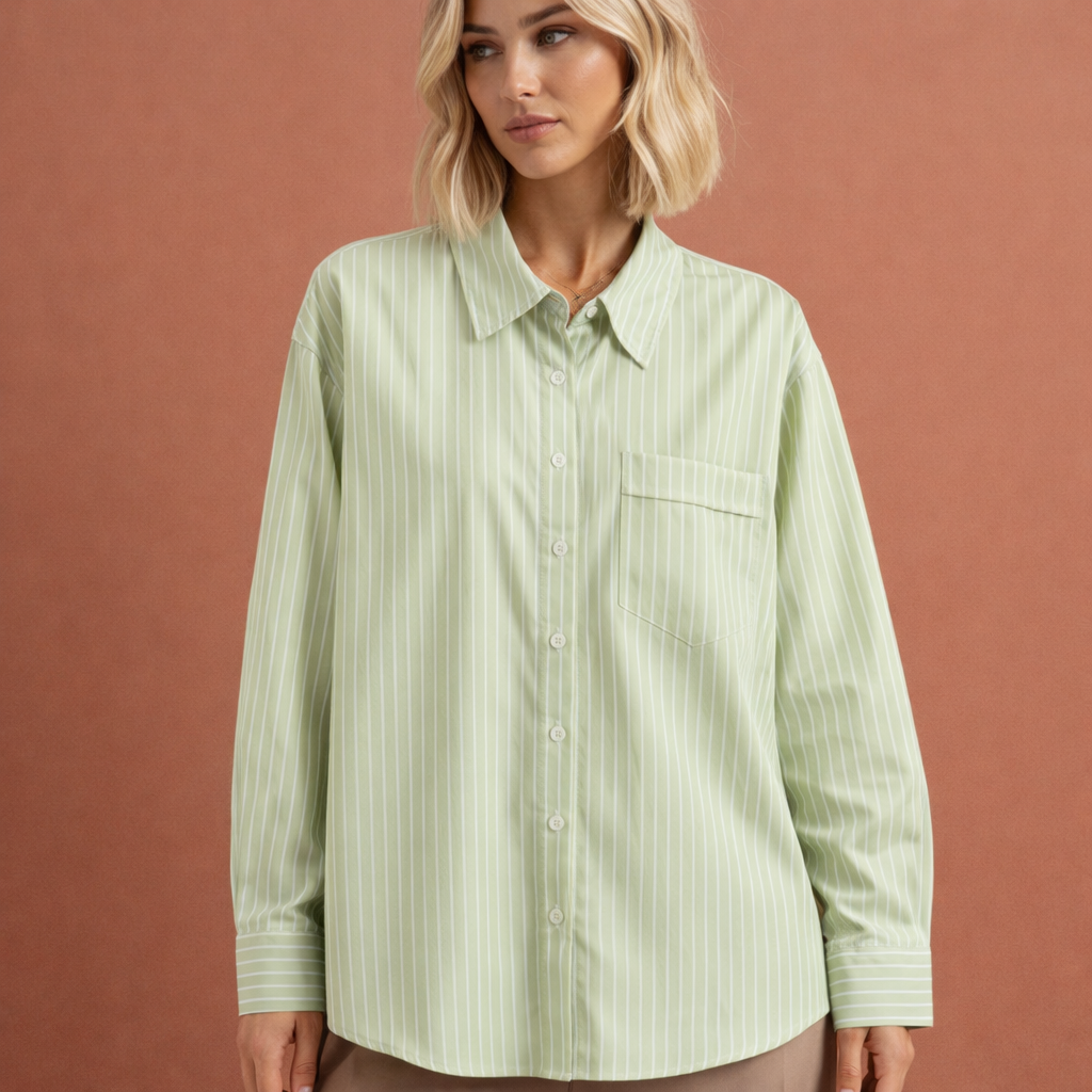 Dames gestreepte blouse in groen met minimalistisch design, zacht en comfortabel voor casual en stijlvolle outfits.