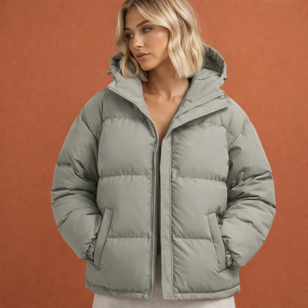 Groene gewatteerde damesjas met capuchon en ritssluiting, comfortabel voor dagelijks gebruik tijdens koude dagen.