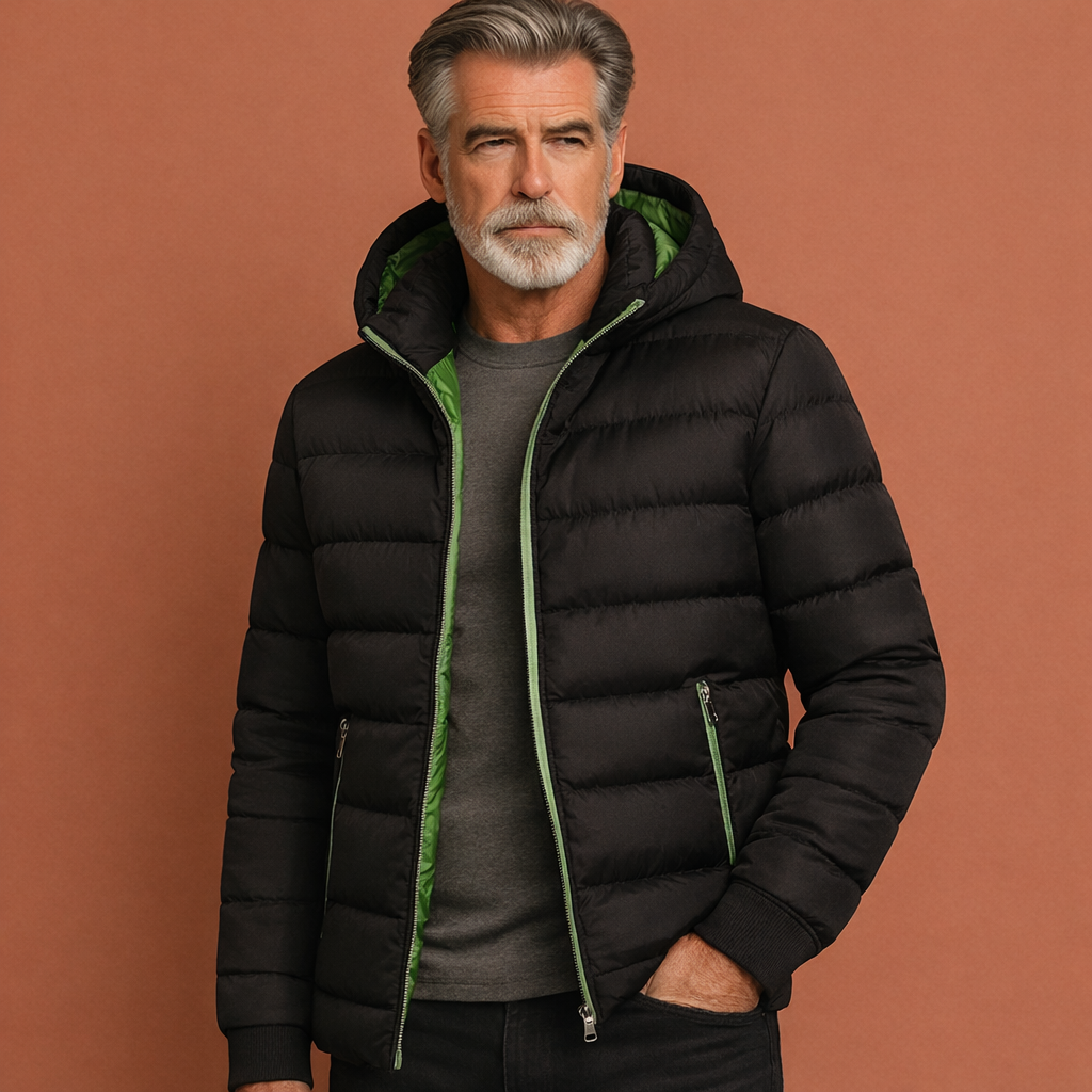 Groene gewatteerde winterjas voor heren met ritszakken en comfortabele pasvorm, ideaal voor koude dagen en dagelijks gebruik.1