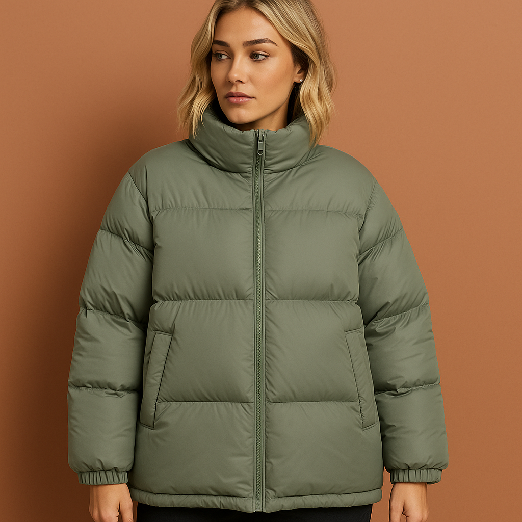 Groene dames winterjas met gewatteerd design en elegante pasvorm, perfect voor koude dagen en stijlvolle winterlooks.