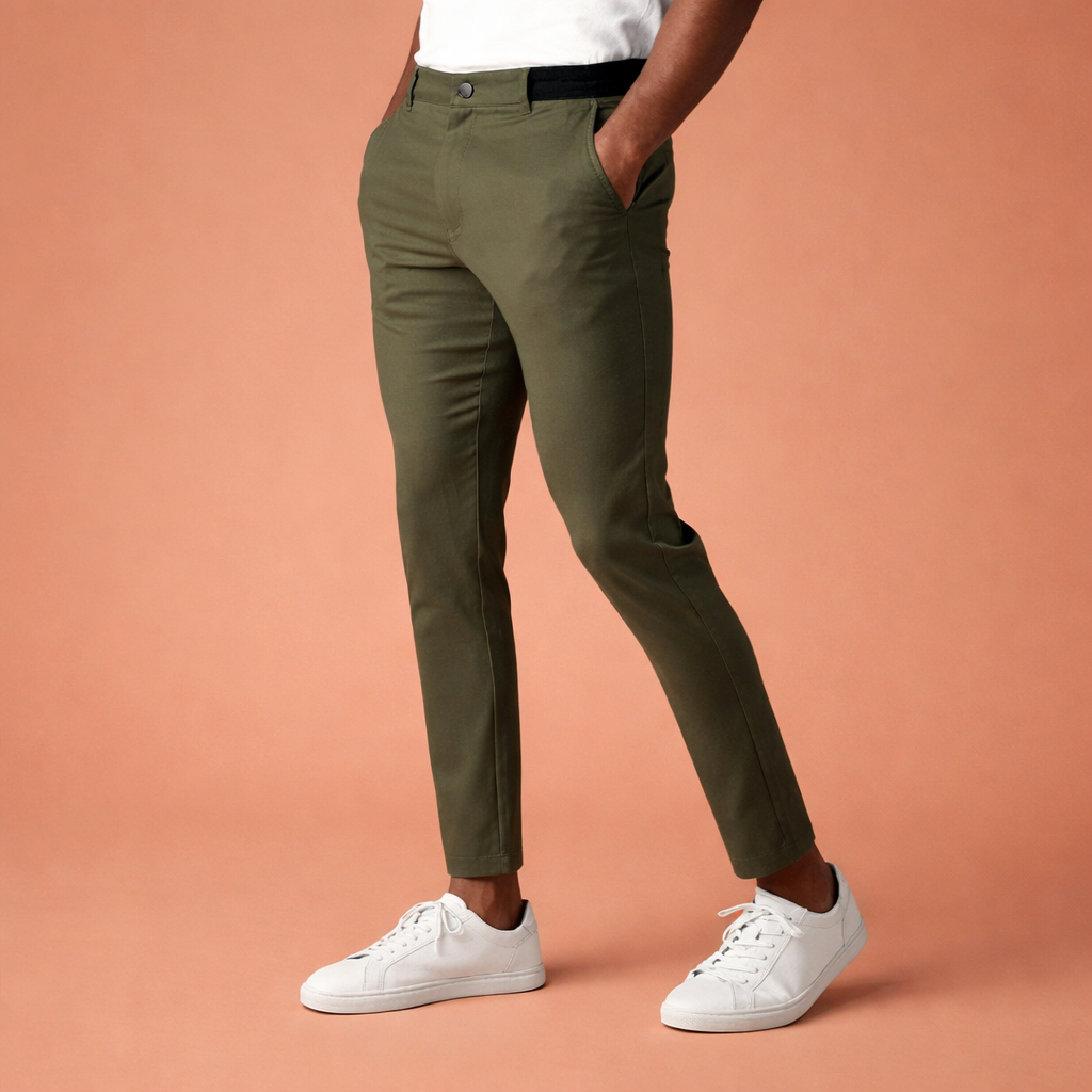 Heren chino broek in groen met minimalistisch design, zacht en comfortabel voor casual en stijlvolle outfits.