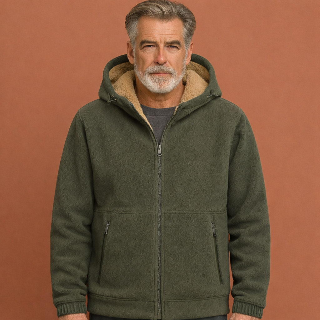 Groene herenjas met capuchon en ritssluiting, comfortabele pasvorm en geschikt voor dagelijks gebruik in herfst en winter.