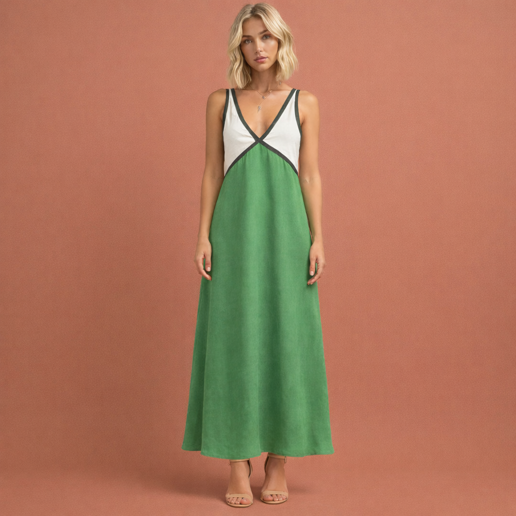Groene lange mouwloze damesjurk met V-hals en comfortabele pasvorm, ideaal voor zomerse dagen en casual gelegenheden.