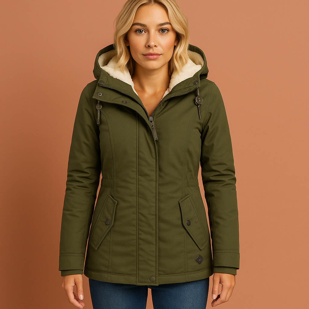 Lange winterjas voor dames in groen met superieure isolatie, warm en elegant voor koude winterdagen.