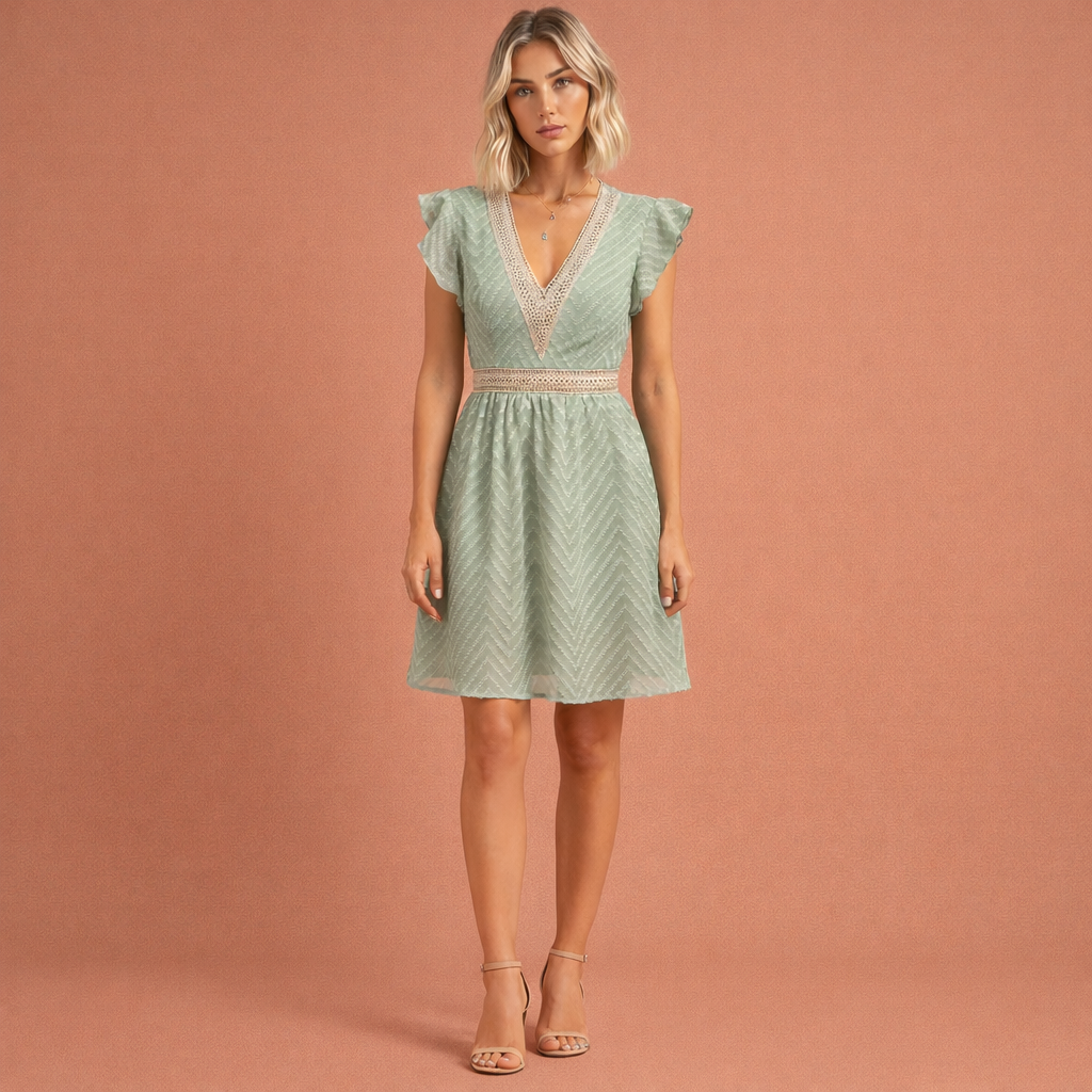 Groene luchtige mini-jurk voor dames met V-hals en tailleband, ideaal voor zomerse dagen en casual gelegenheden.