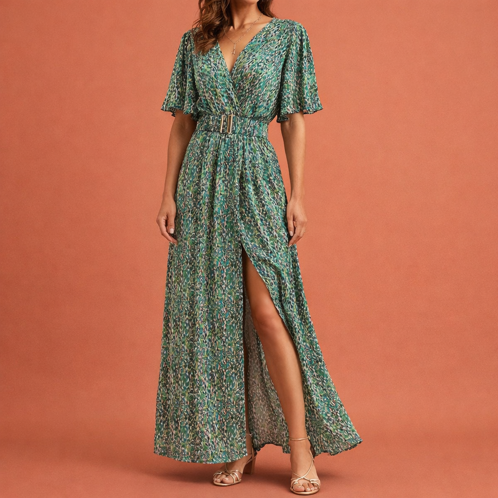 Dames maxi wikkeljurk in groen met minimalistisch design, zacht en comfortabel voor casual en stijlvolle outfits.