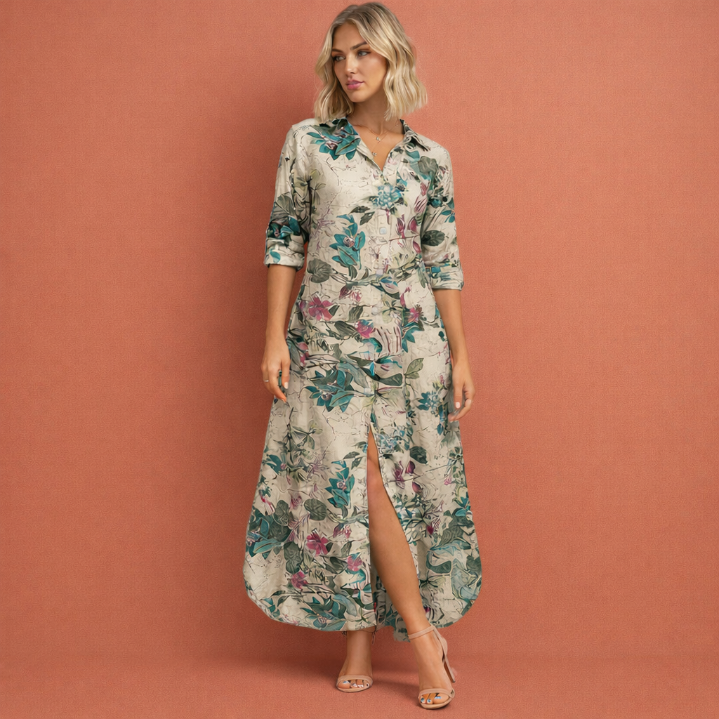 Groene maxi jurk met bloemenprint en knoopsluiting voor dames, elegante lange jurk voor zomerse dagen of vakantie.