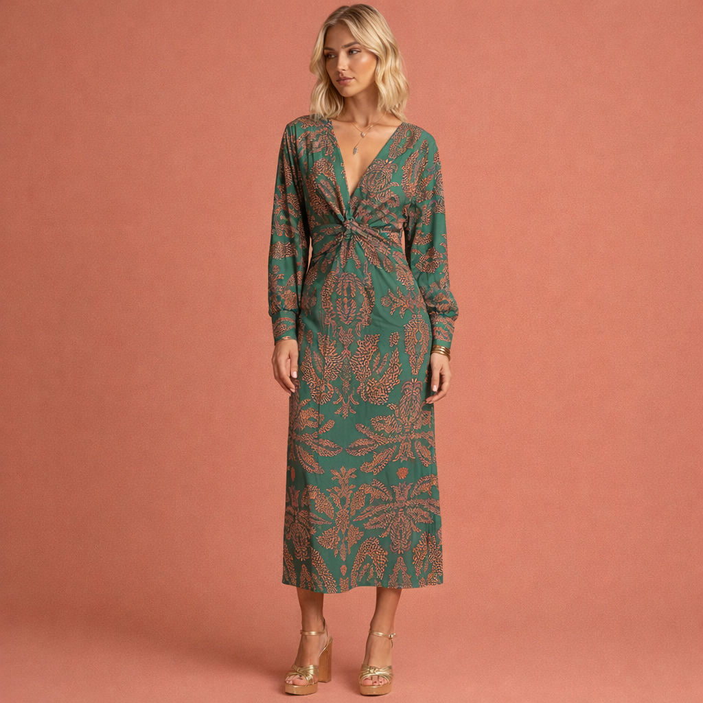 Groene midi-jurk voor dames met twist-detail en bloemmotief, ideaal voor feestelijke en stijlvolle gelegenheden.