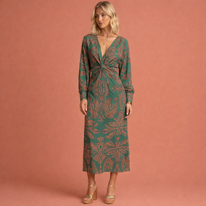 Groene midi-jurk voor dames met twist-detail en bloemmotief, ideaal voor feestelijke en stijlvolle gelegenheden.