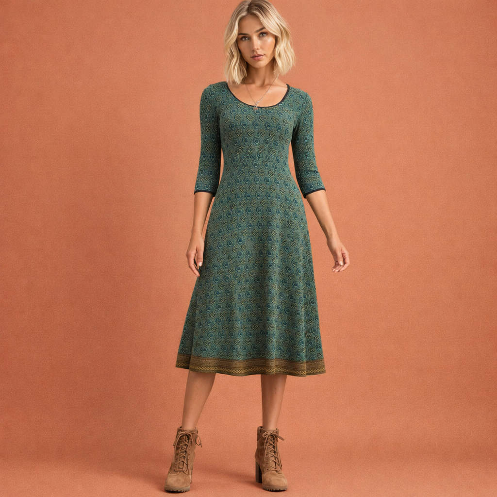 Groene midi-jurk voor dames met geometrisch patroon en comfortabele pasvorm, geschikt voor dagelijks gebruik en stijlvolle gelegenheden.