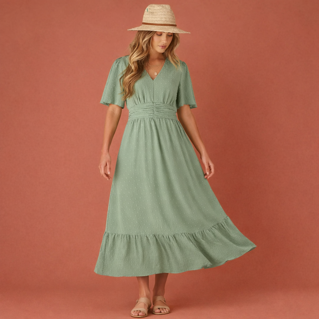 Groene midi-zomerjurk voor dames met V-hals en tailleaccentuering, ideaal voor zomerse dagen en casual gelegenheden.