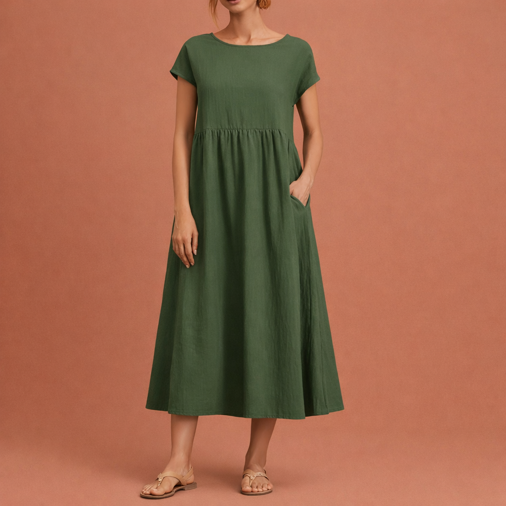 Dames midi jurk in groen met minimalistisch design, zacht en comfortabel voor casual en stijlvolle outfits.