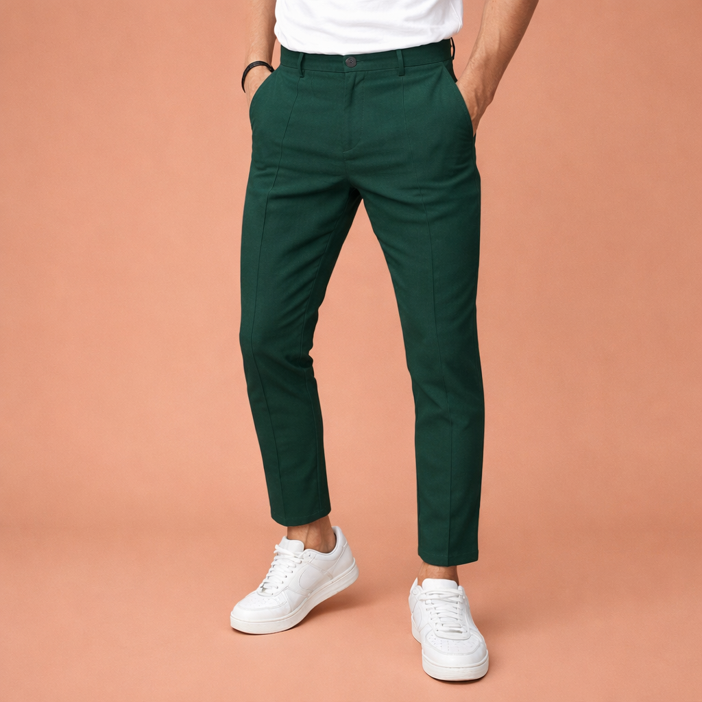 Heren broek in groen met minimalistisch design, zacht en comfortabel voor casual en stijlvolle outfits.