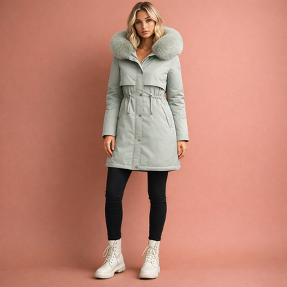 Groene warme dames mantel met capuchon en comfortabele pasvorm, ideaal voor dagelijks gebruik tijdens koude dagen.