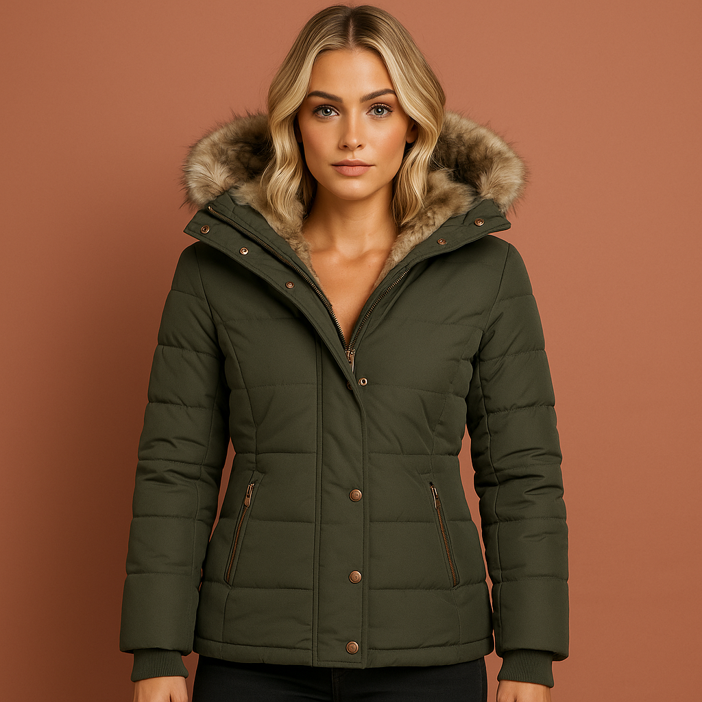 Groene winterjas voor dames met warme pluche voering en comfortabele pasvorm, ideaal voor koude winterdagen.