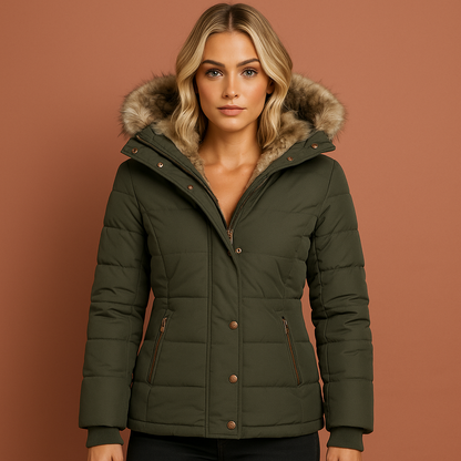 Groene winterjas voor dames met warme pluche voering en comfortabele pasvorm, ideaal voor koude winterdagen.