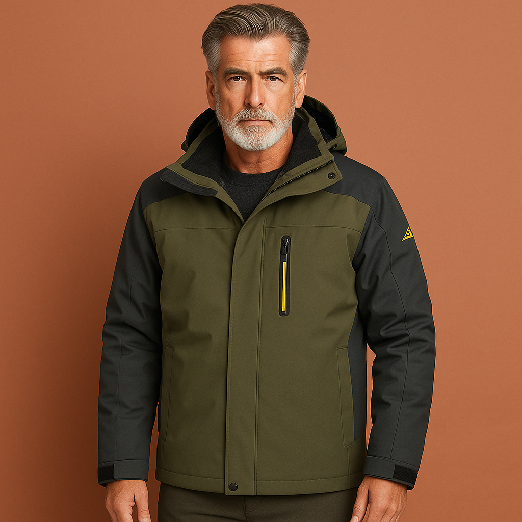 Groene heren outdoorjas met capuchon en waterdicht design, ideaal voor regenachtige dagen en buitenactiviteiten.