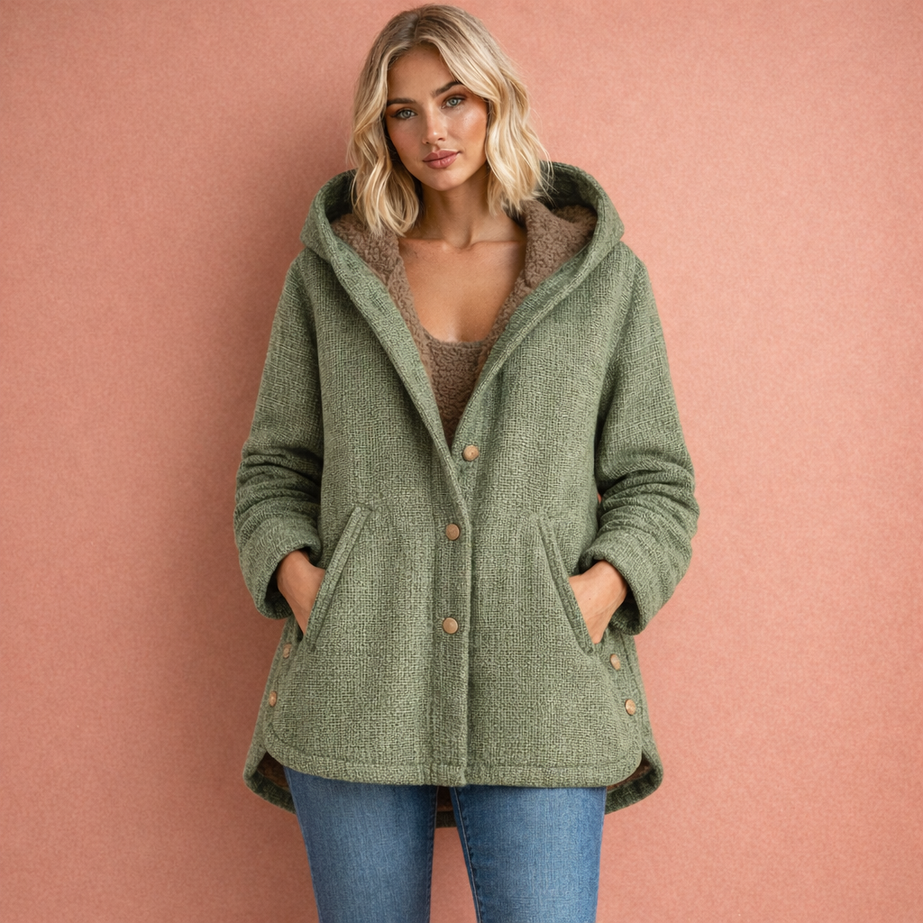Groene dames winterjas met capuchon en knoopsluiting, ideaal voor dagelijks gebruik tijdens koude dagen.