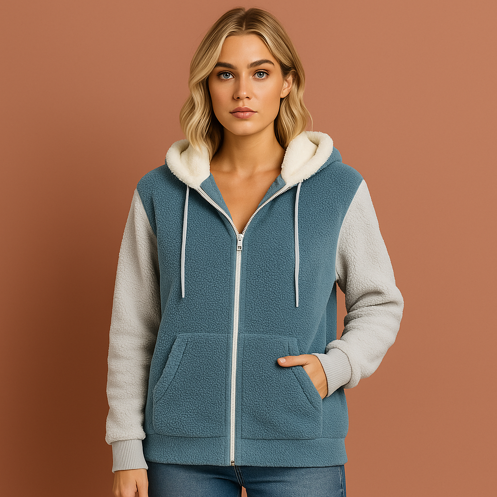 Extra warme teddy fleece zip hoodie voor dames in hemelsblauwe kleur, ideaal voor koude dagen en casual outfits.