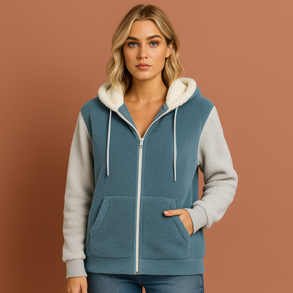 Extra warme teddy fleece zip hoodie voor dames in hemelsblauwe kleur, ideaal voor koude dagen en casual outfits.