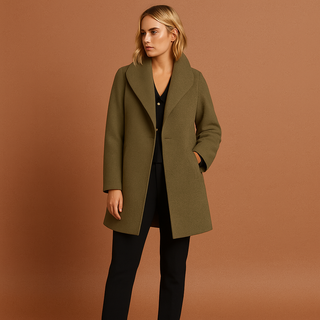 Kaki halflange dames mantel met open kraag, geschikt voor dagelijks gebruik en nette outfits.