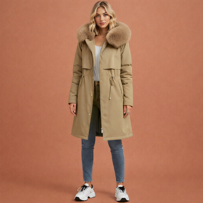 Kaki warme dames mantel met capuchon en comfortabele pasvorm, ideaal voor dagelijks gebruik tijdens koude dagen.