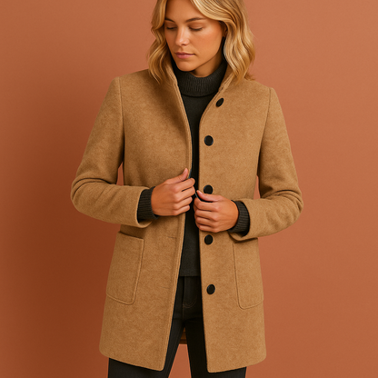 Dames manteljas in kameelkleur met knoopsluiting en rechte pasvorm, warm en stijlvol voor herfst en winter.