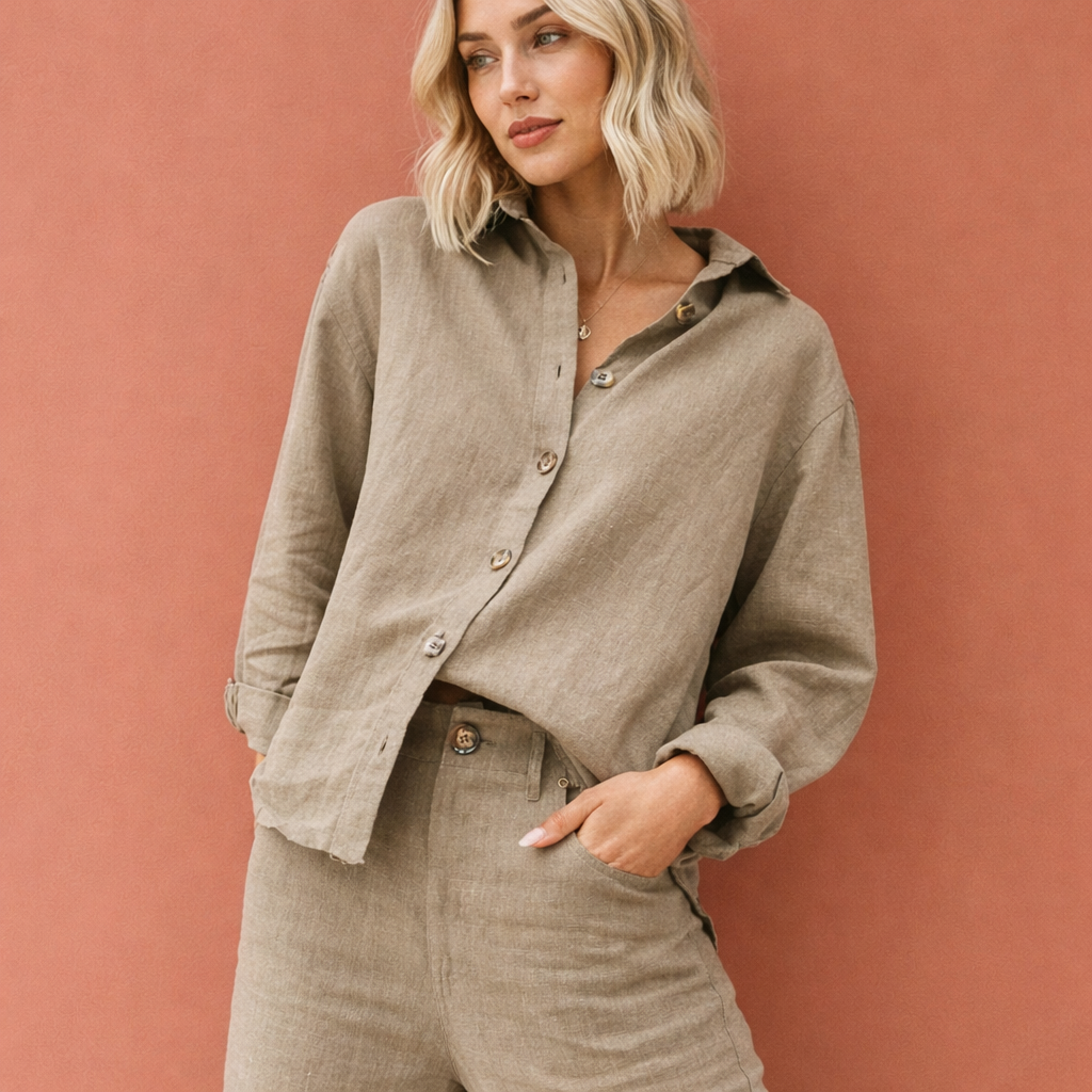 Dames blouse in khaki met minimalistisch design, zacht en comfortabel voor casual en stijlvolle outfits.