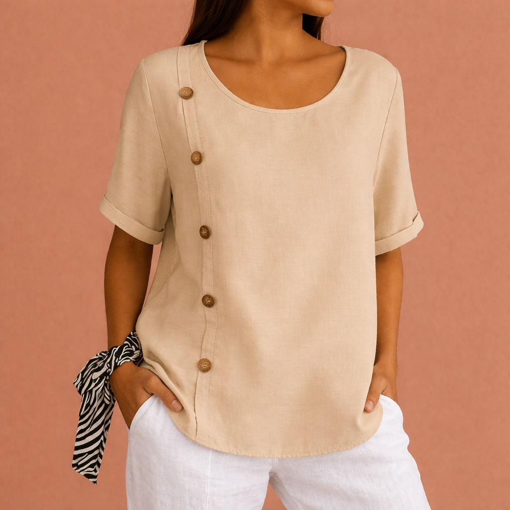 Dames blouse in khaki met minimalistisch design, zacht en comfortabel voor casual en stijlvolle outfits.