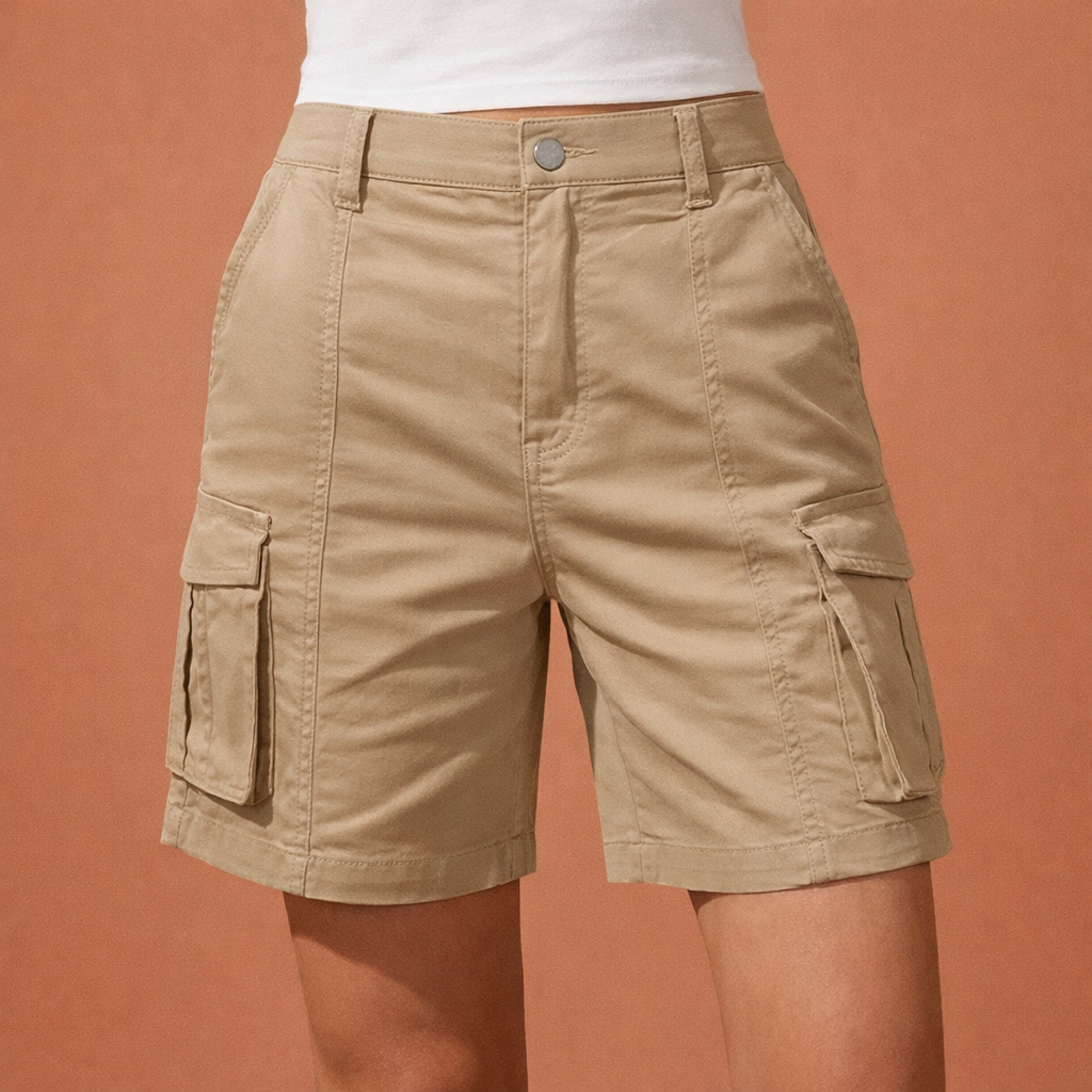 Dames cargo shorts in khaki met minimalistisch design, zacht en comfortabel voor casual en stijlvolle outfits.