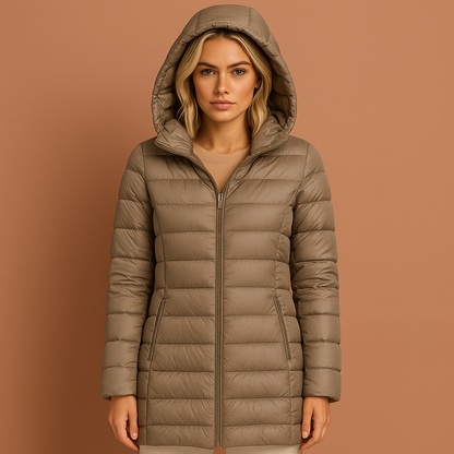 Dames gewatteerde jas in khaki met afneembare capuchon, licht en comfortabel voor herfst en winter.
