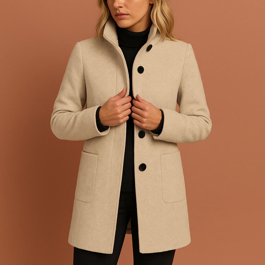 Dames manteljas in khaki met knoopsluiting en rechte pasvorm, warm en stijlvol voor herfst en winter.