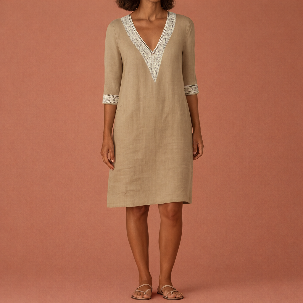 Dames midi jurk in khaki met minimalistisch design, zacht en comfortabel voor casual en stijlvolle outfits.
