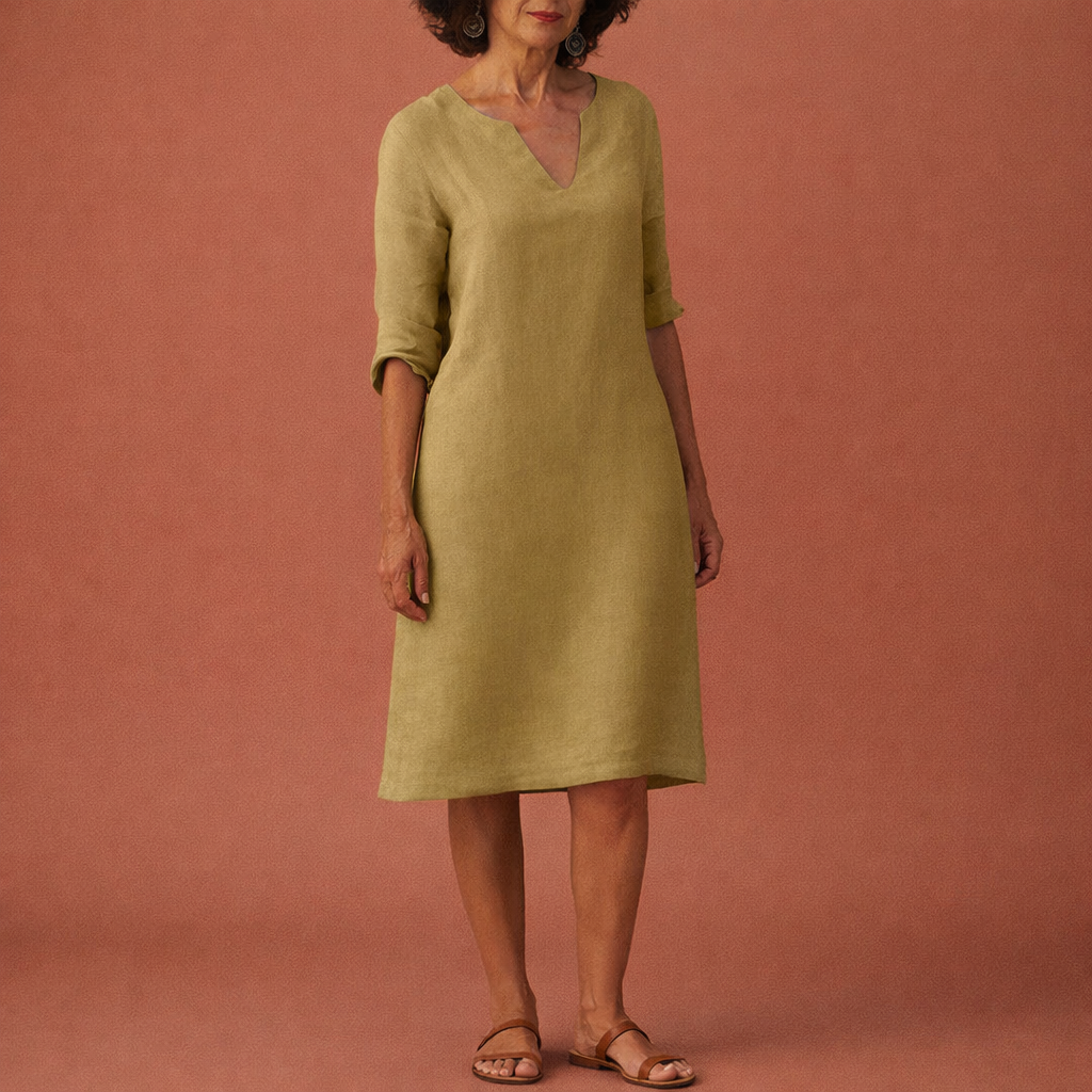 Dames midi zomerjurk in khaki met minimalistisch design, zacht en comfortabel voor casual en stijlvolle outfits.