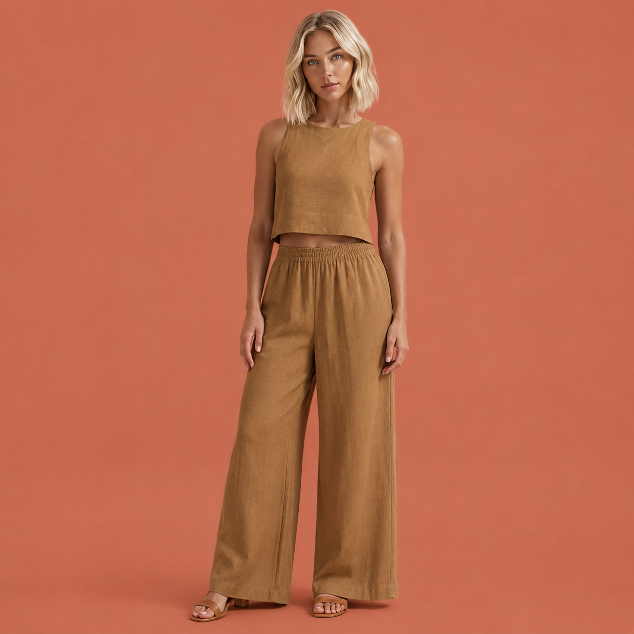 Dames tweedelige set in khaki met minimalistisch design, zacht en comfortabel voor casual en stijlvolle outfits.