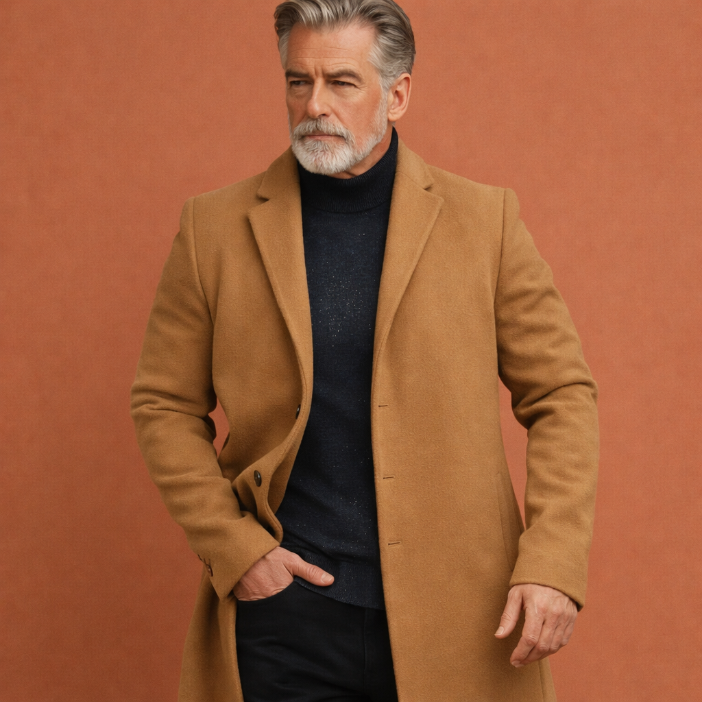 Khaki elegante halflange heren jas met comfortabele pasvorm, geschikt voor dagelijks gebruik tijdens koude dagen.