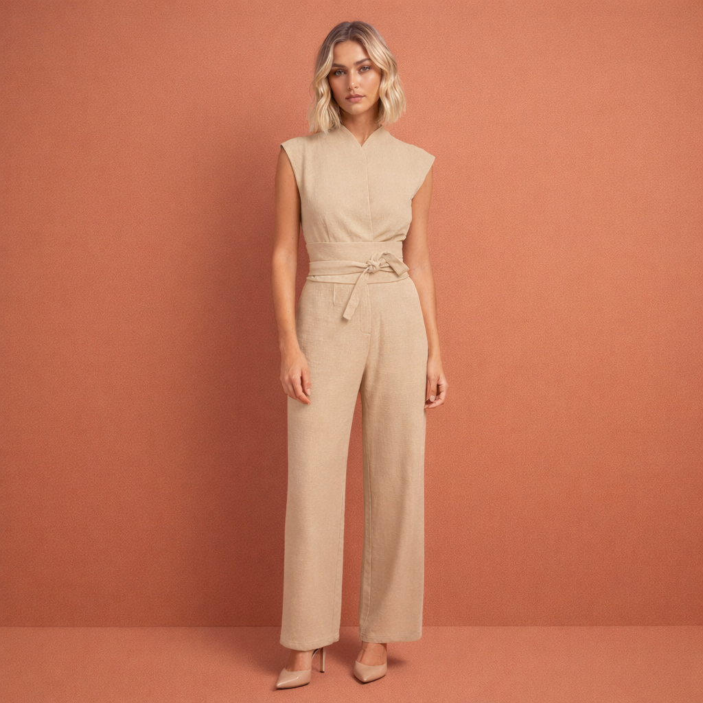 Khaki elegante jumpsuit voor dames met V-hals en flatterende pasvorm, geschikt voor feestelijke gelegenheden.