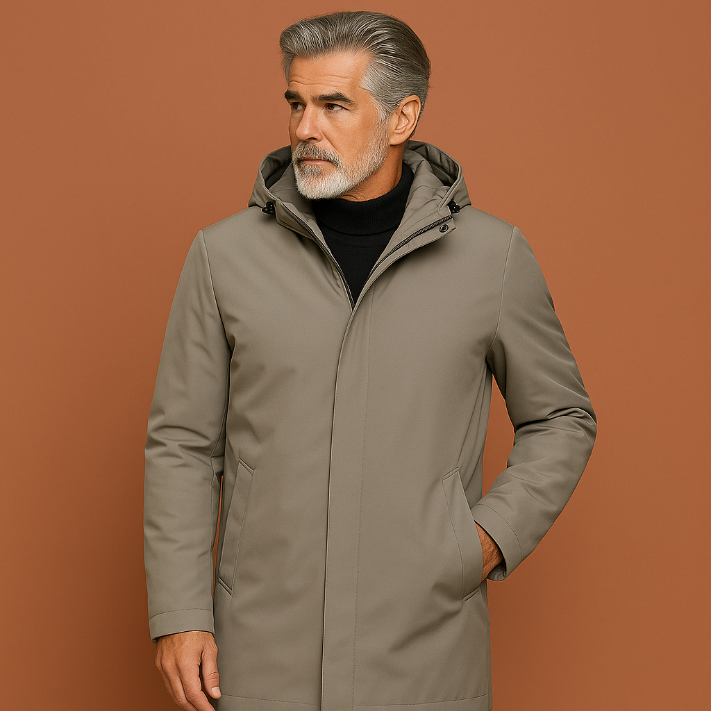 Khaki elegante heren winterjas met capuchon en slim fit design, ideaal voor koude dagen en dagelijks gebruik.