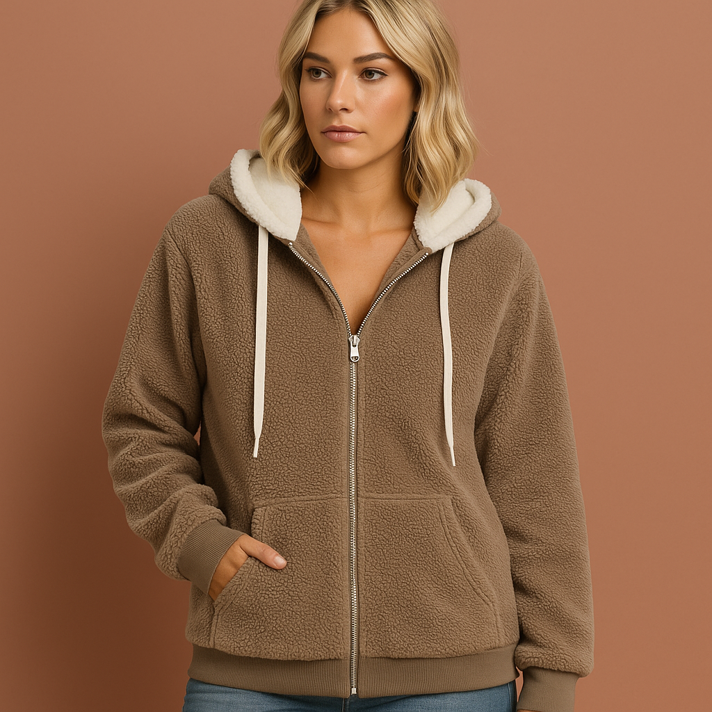 Extra warme teddy fleece zip hoodie voor dames in khaki kleur, ideaal voor koude dagen en casual outfits.