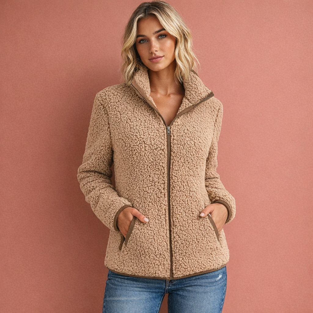 Khaki dames fleece vest met hoge kraag en ritssluiting, ideaal voor dagelijks gebruik en koelere dagen.