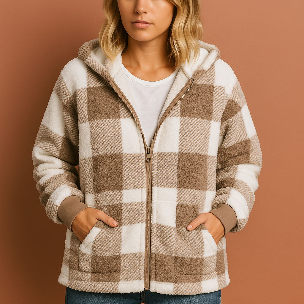 Fleece vest met ruitpatroon voor dames in khaki kleur, ideaal voor koude dagen en casual outfits.