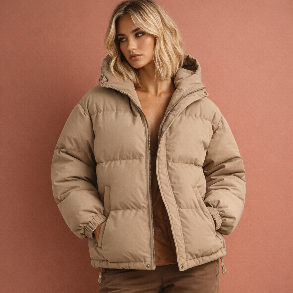 Khaki gewatteerde damesjas met capuchon en ritssluiting, comfortabel voor dagelijks gebruik tijdens koude dagen.