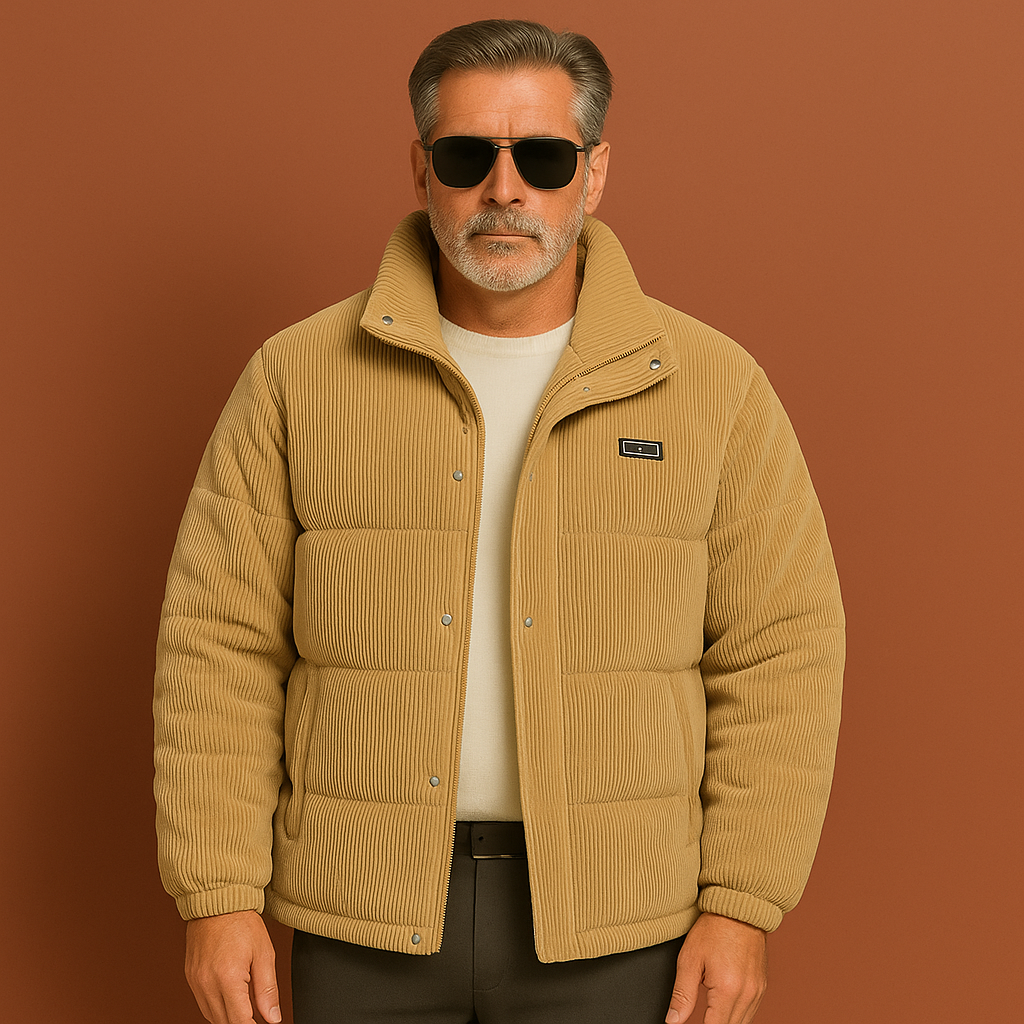 Khaki heren winterjas met gewatteerde afwerking en comfortabele pasvorm, ideaal voor koude dagen en stijlvolle outfits.