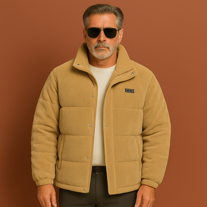 Khaki heren winterjas met gewatteerde afwerking en comfortabele pasvorm, ideaal voor koude dagen en stijlvolle outfits.