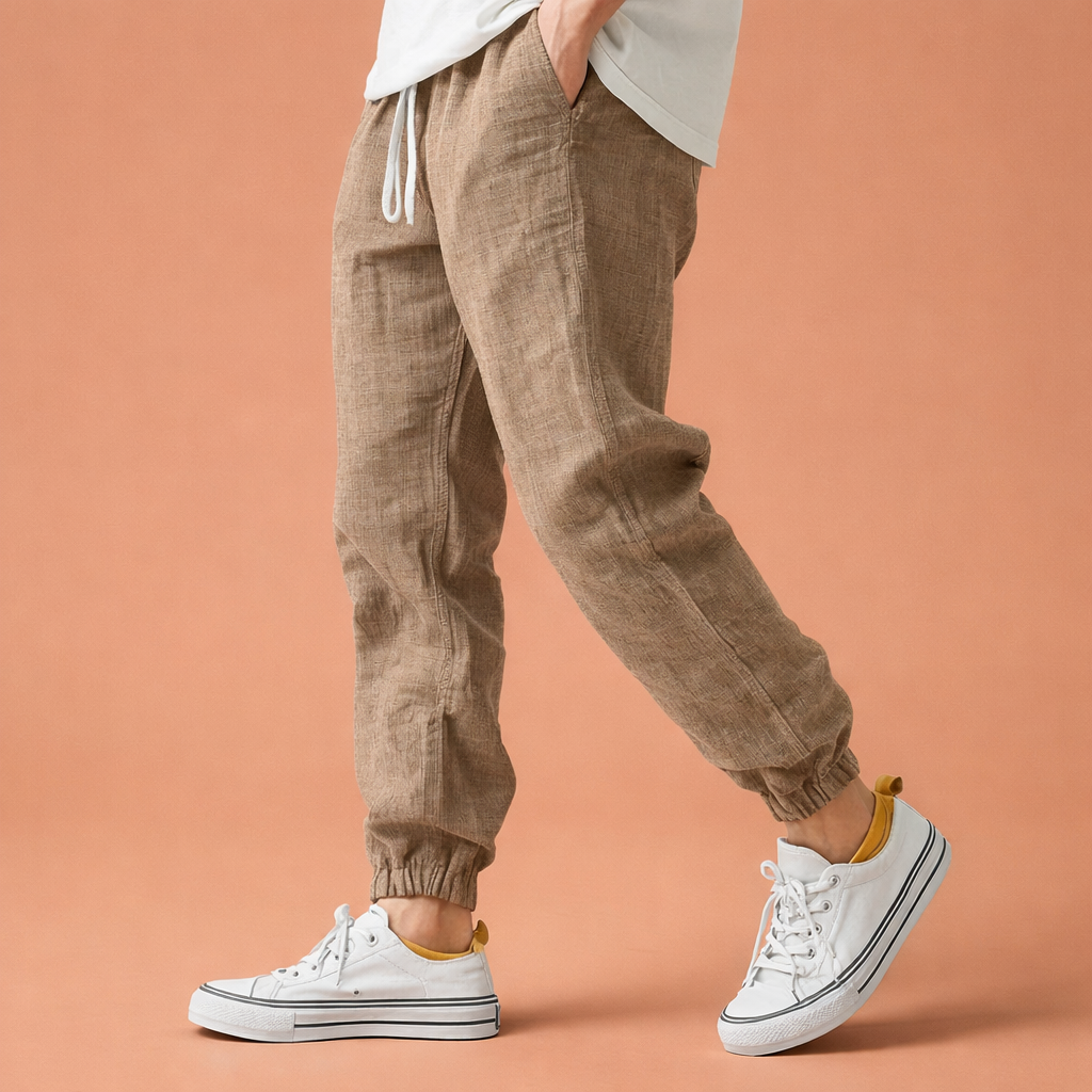 Heren broek in khaki met minimalistisch design, zacht en comfortabel voor casual en stijlvolle outfits.